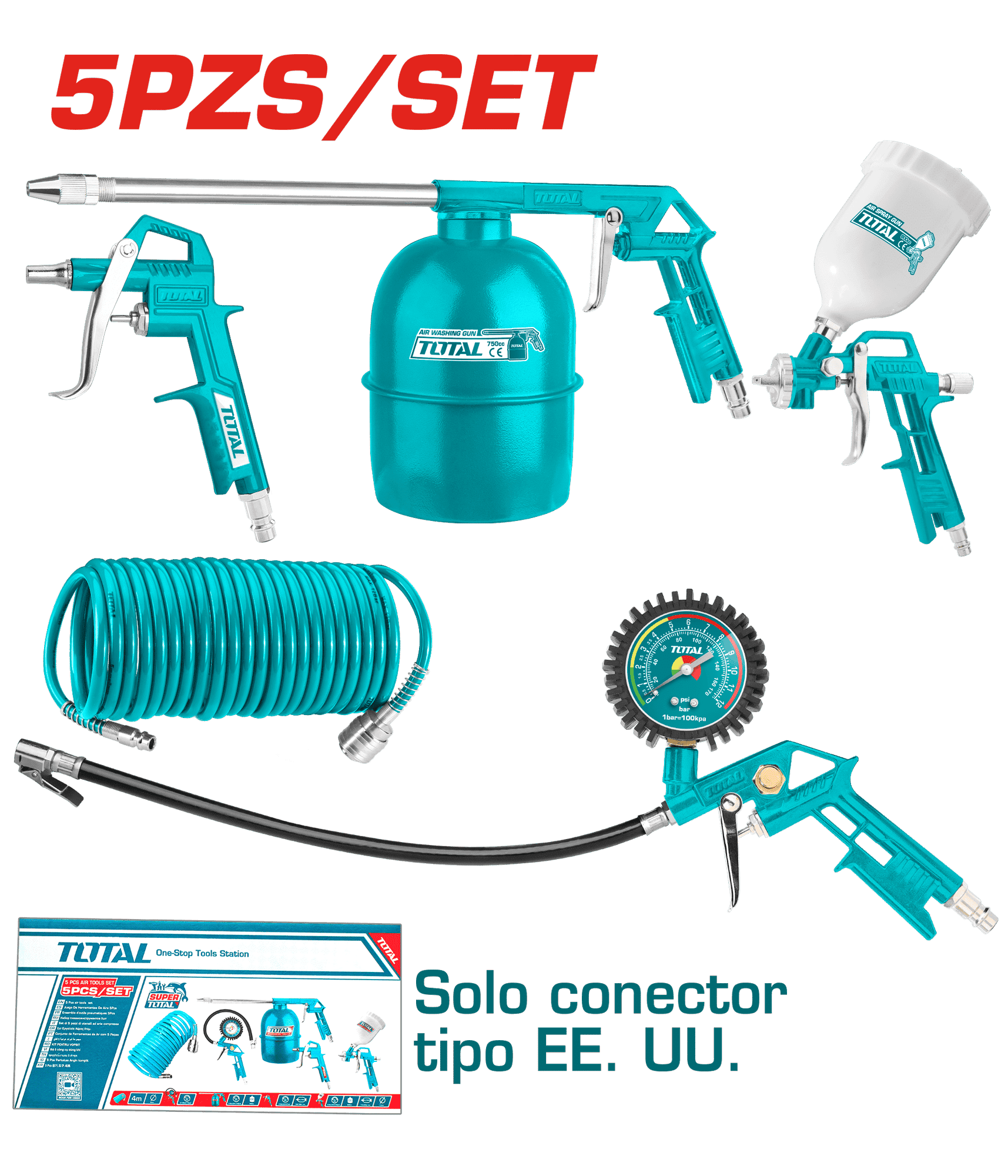 SET PISTOLAS 5PCS AIRE/ROCIADOR/PINTURA/INFLADOR/MANGUERA