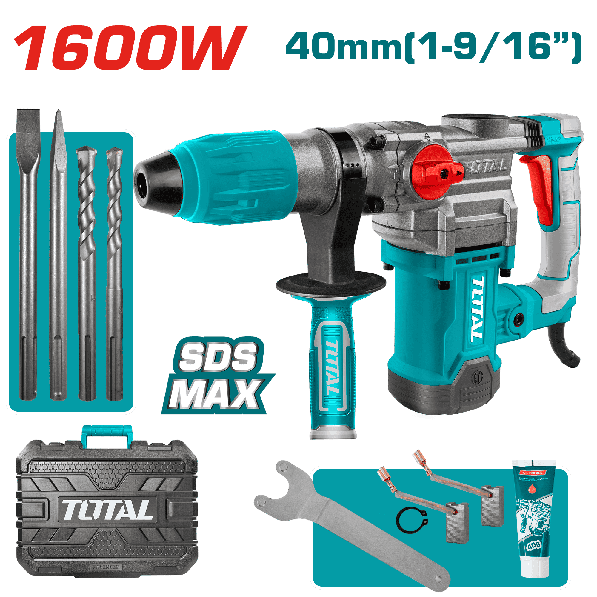 ROTOMARTILLO SDS-MAX 40MM 1600W 630RPM 3850BPM 10J MALETIN INDUSTRIAL
