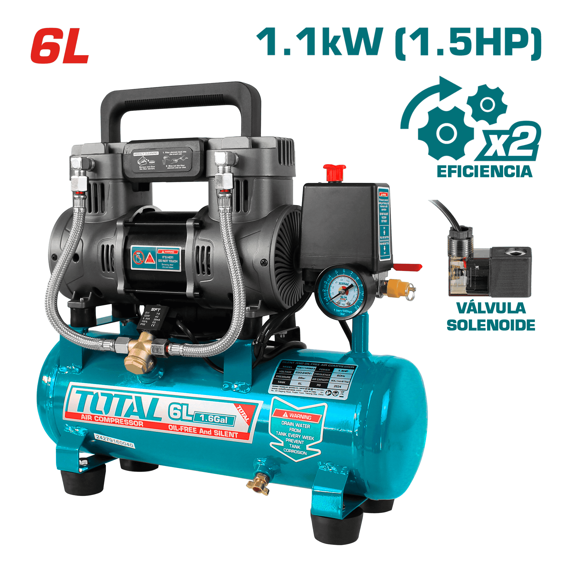 COMPRESORA OIL-FREE 06L 1.5HP 67DB 8BAR 3400RPM