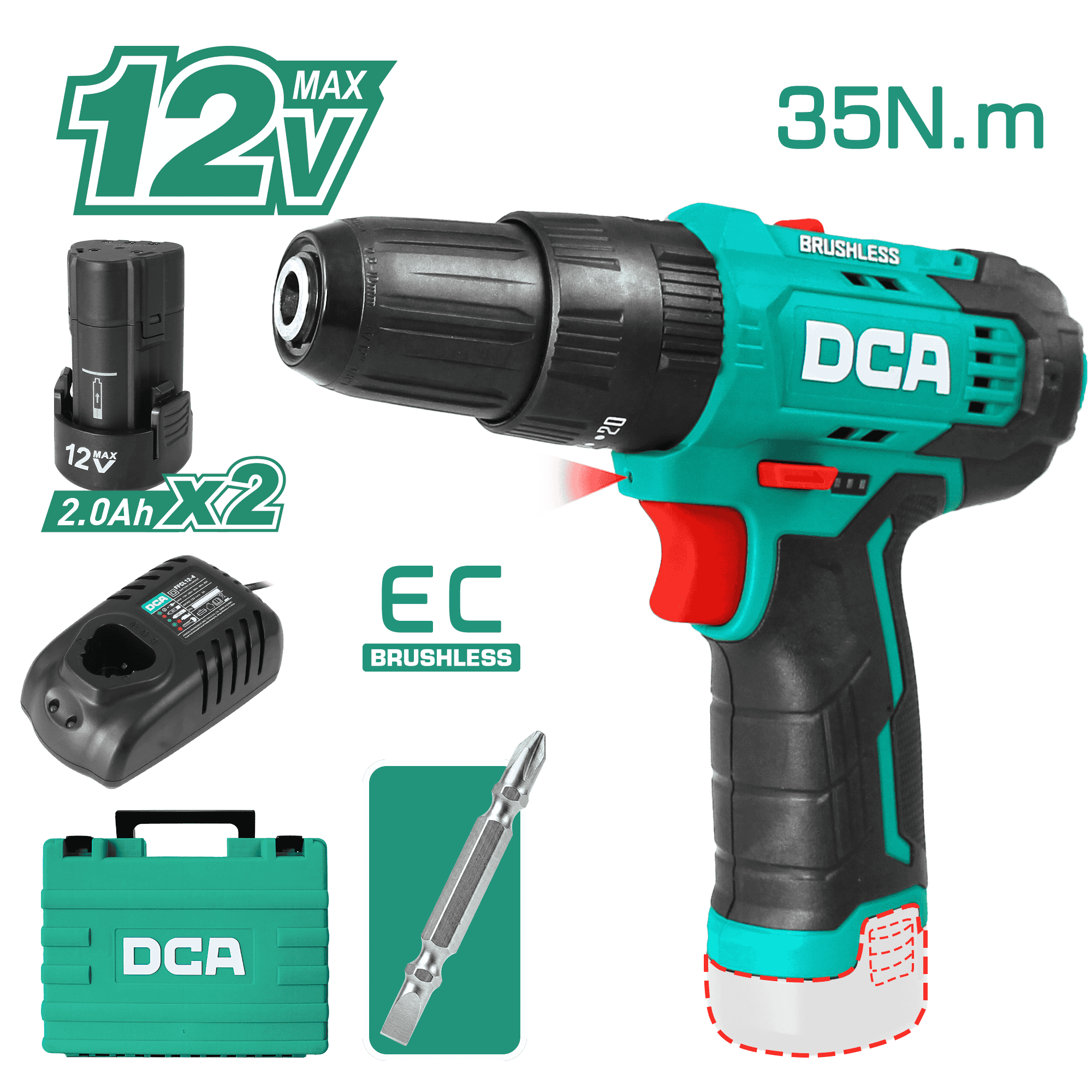 TALADRO PERCUTOR 12V BRUSHLESS 10MM 35N.M 20+2 B:2.0AHX2