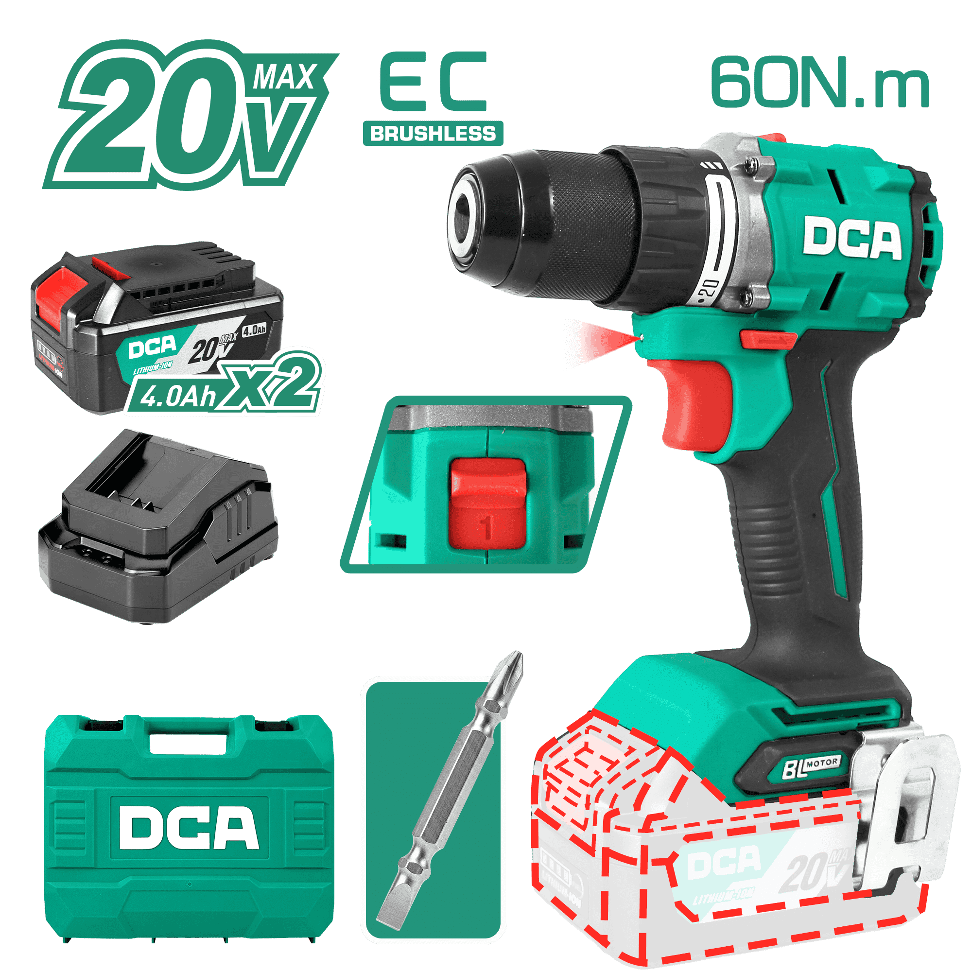 TALADRO PERCUTOR 20V BRUSHLESS 13MM 60N.M 20+2 B:4.0AHX2