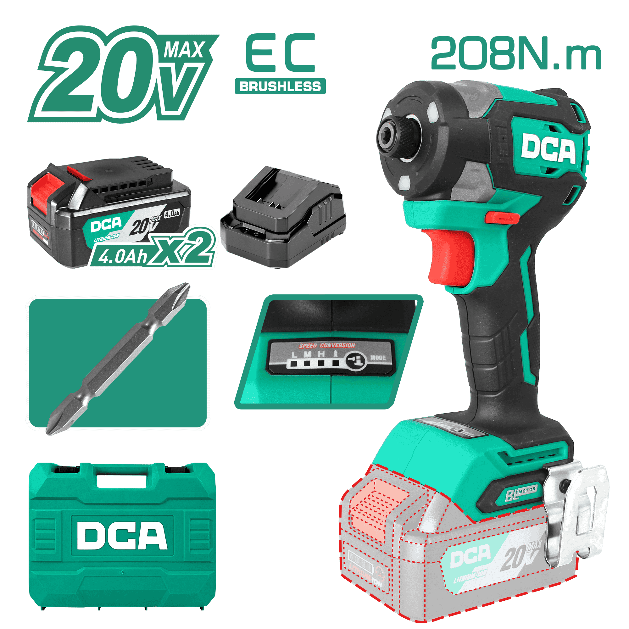 ATORNILLADOR DE IMPACTO BRUSHLESS 20V 208NM B:2X4.0H