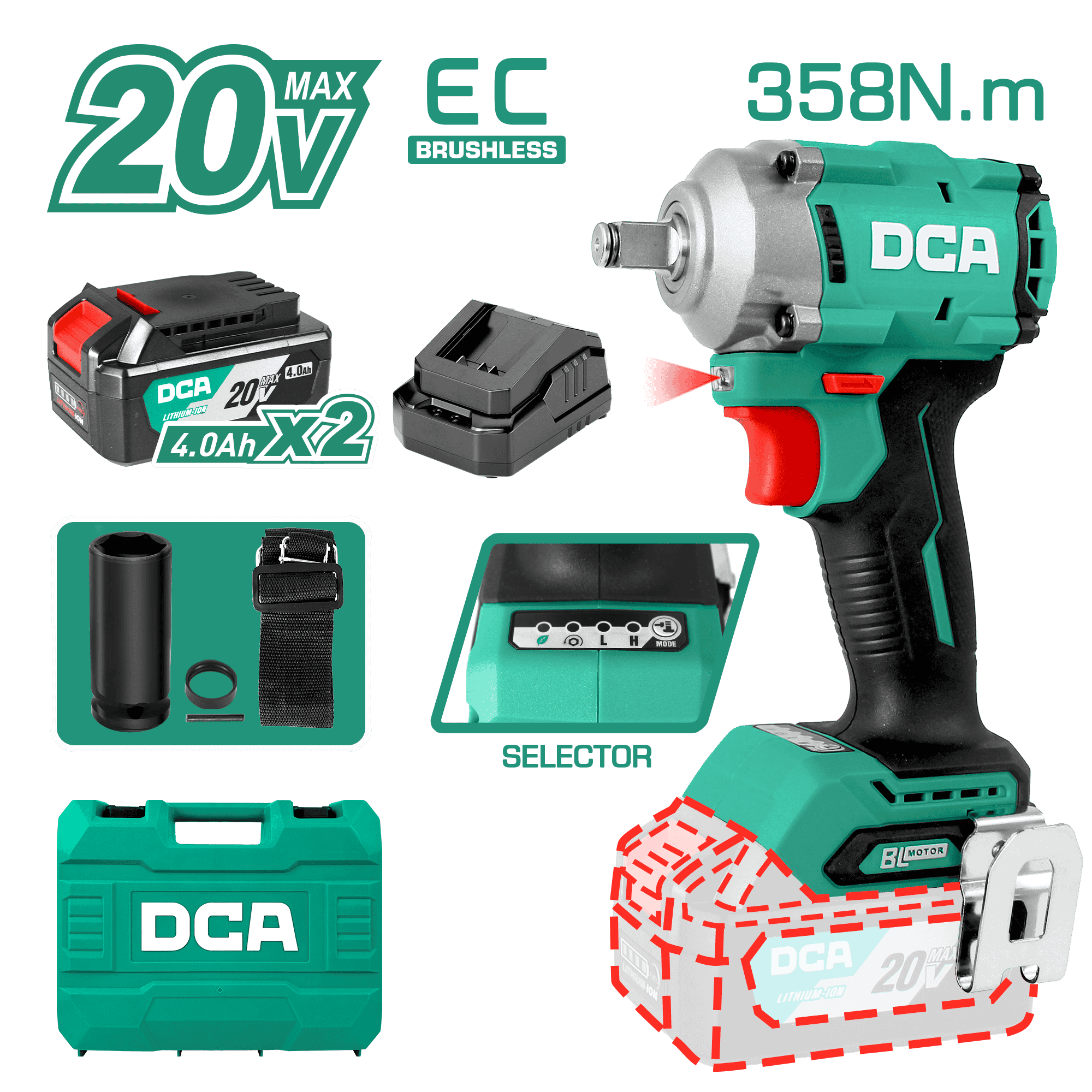 LLAVE DE IMPACTO 20V BRUSHLESS 1/2'' 358NM 2X4.0AH MALETIN