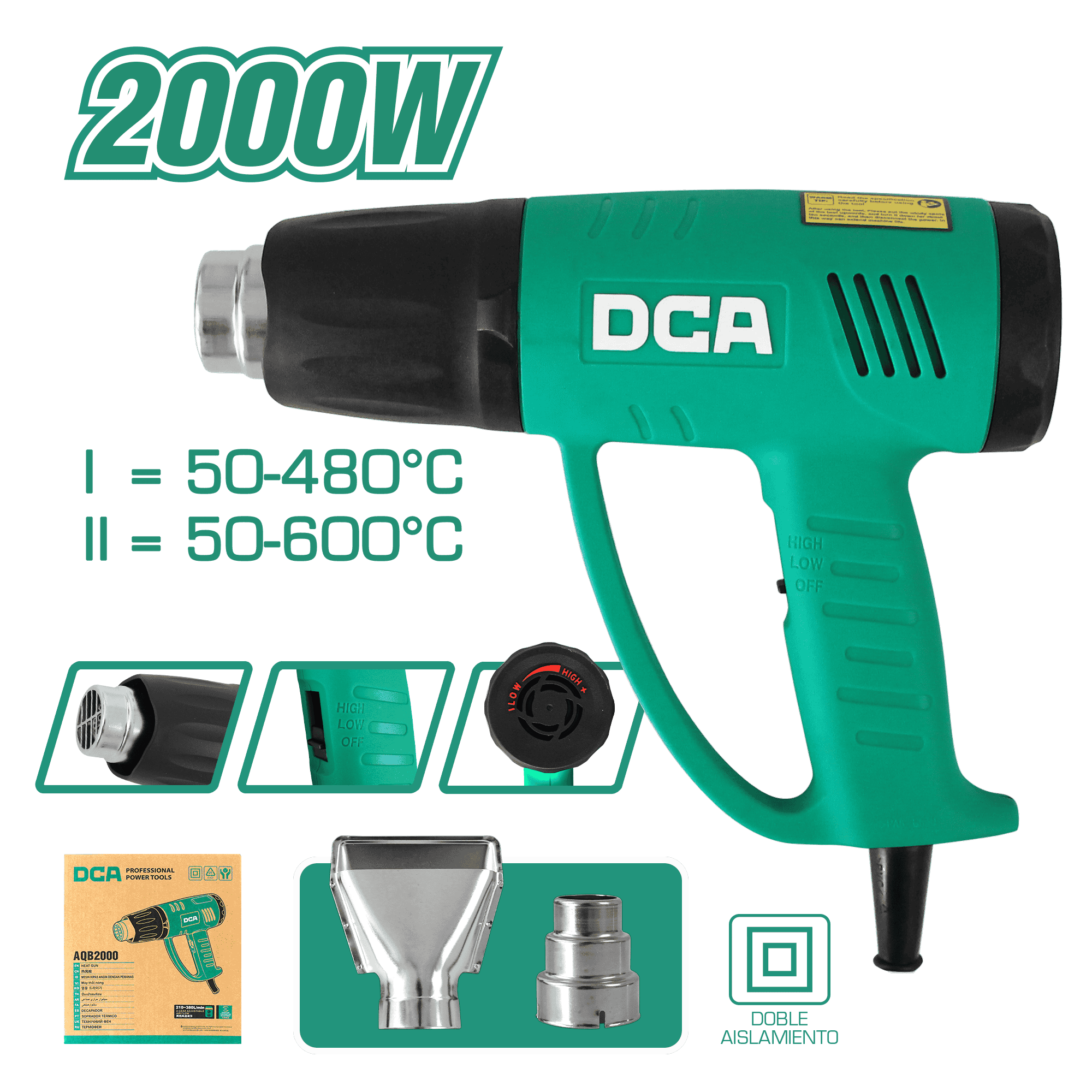 PISTOLA DE CALOR 2000W 2NIVELES 50/480/600C 210/250/380L/MIN
