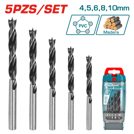 SET DE BROCAS P/MADERA 5PZS DIA 4-10MM + ESTUCHE