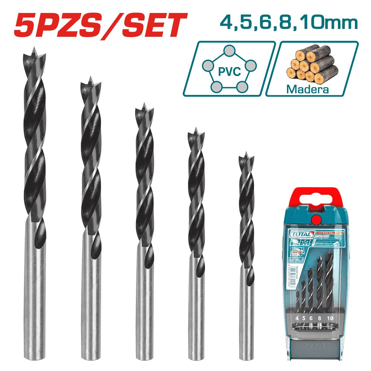 SET DE BROCAS P/MADERA 5PZS DIA 4-10MM + ESTUCHE