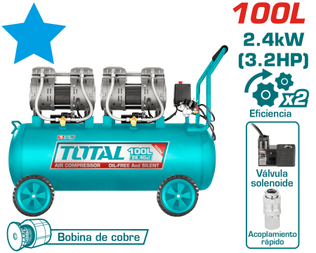 COMPRESORA OIL-FREE 100L 3.25HP (2x1200W) 75DB 8BAR 3400RPM INDUSTRIAL