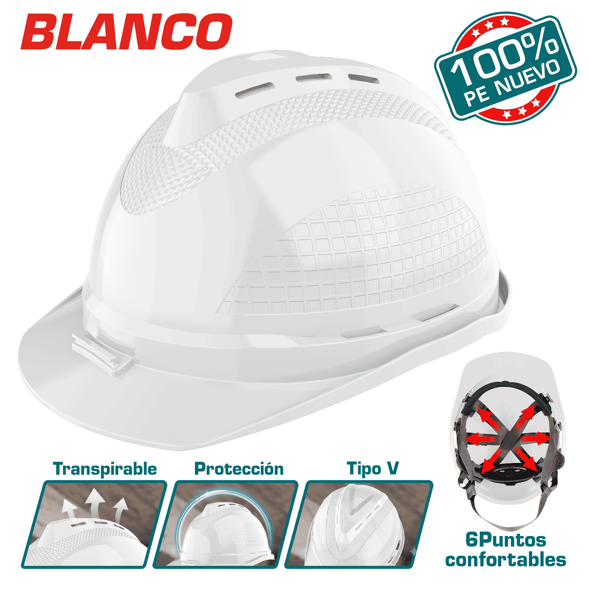 CASCO DE SEGURIDAD 100% NEW PE 6 PUNTOS CONFORTABLE 380G BLANCO INDUSTRIAL