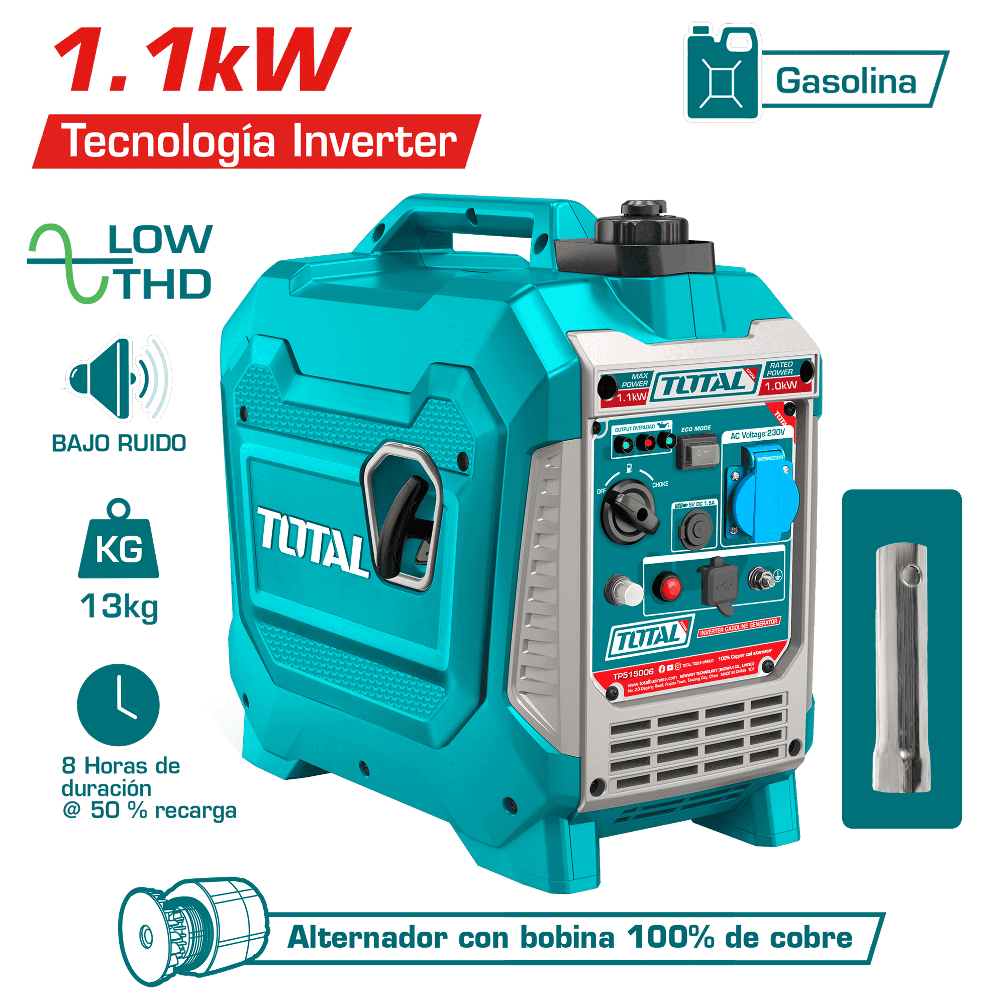GENERADOR INVERTER 1.1KW GASOLINERO 4.3A TANQUE:3L MOTOR 56CC INDUSTRIAL