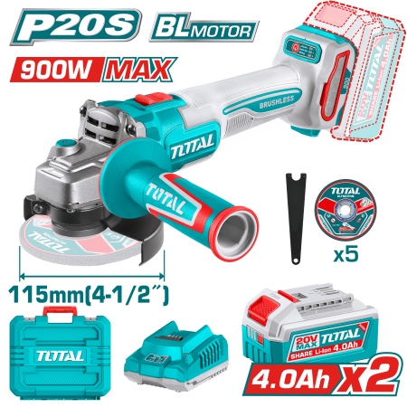 AMOLADORA 20V BRUSHLESS 3000-9000RPM 115MM M14 900W 2X4.0AH DISCO X5 INDUSTRIAL