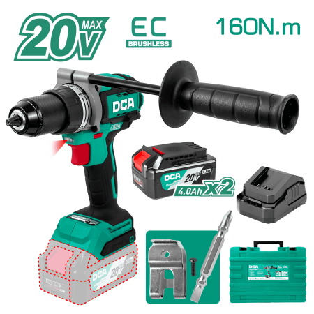 TALADRO PERCUTOR 20V BRUSHLESS 13MM 160N.M (19+2) B:2X4.0AH MALETIN