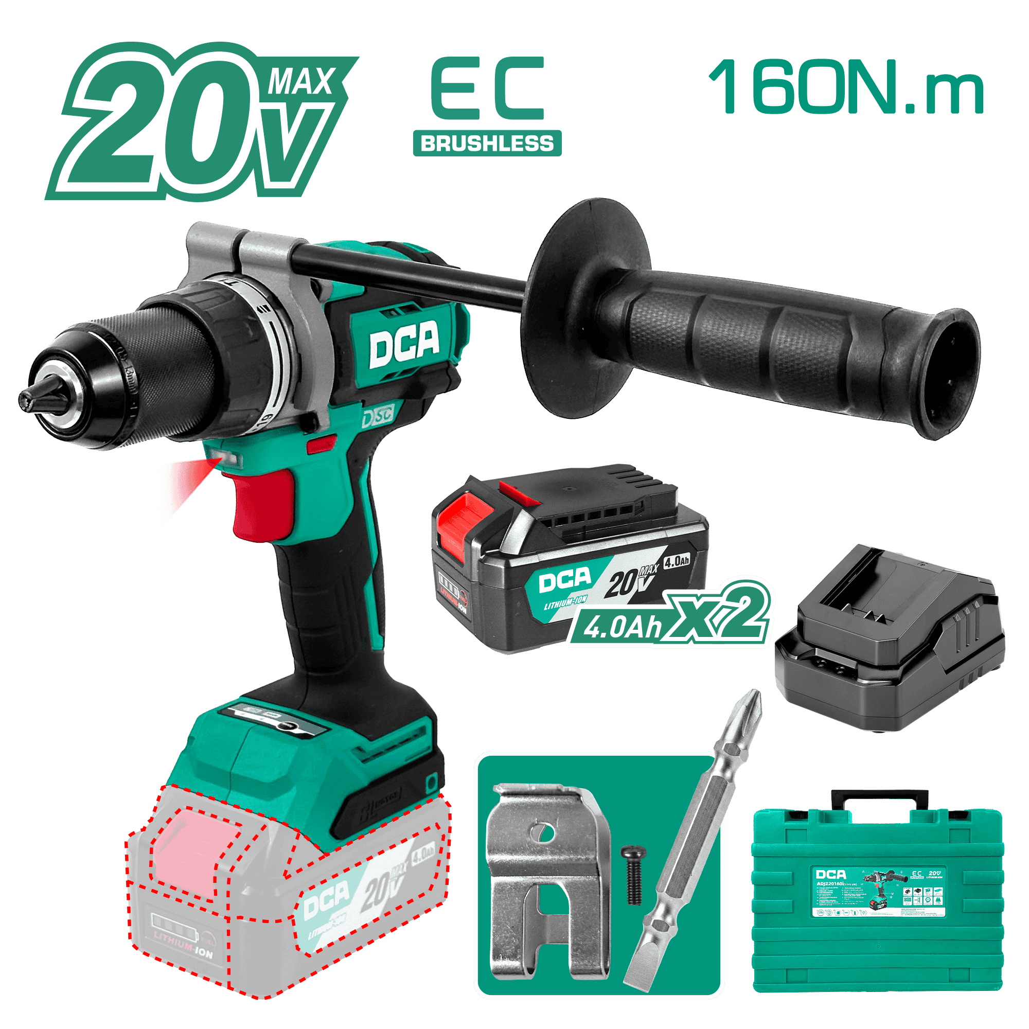 TALADRO PERCUTOR 20V BRUSHLESS 13MM 160N.M (19+2) B:2X4.0AH MALETIN