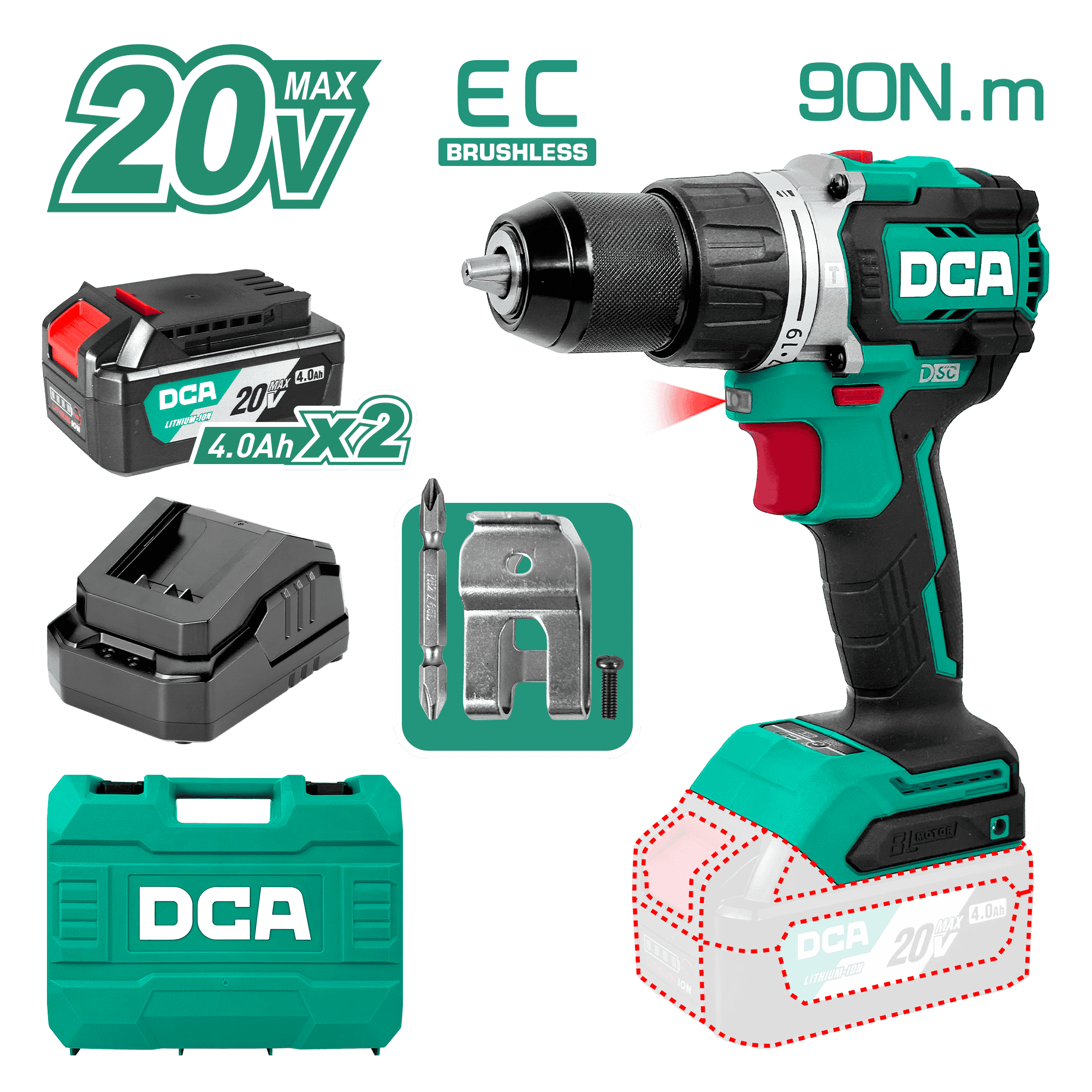 TALADRO PERCUTOR 20V BRUSHLESS 13MM 90N.M (19+2) B:2X4.0AH MALETIN