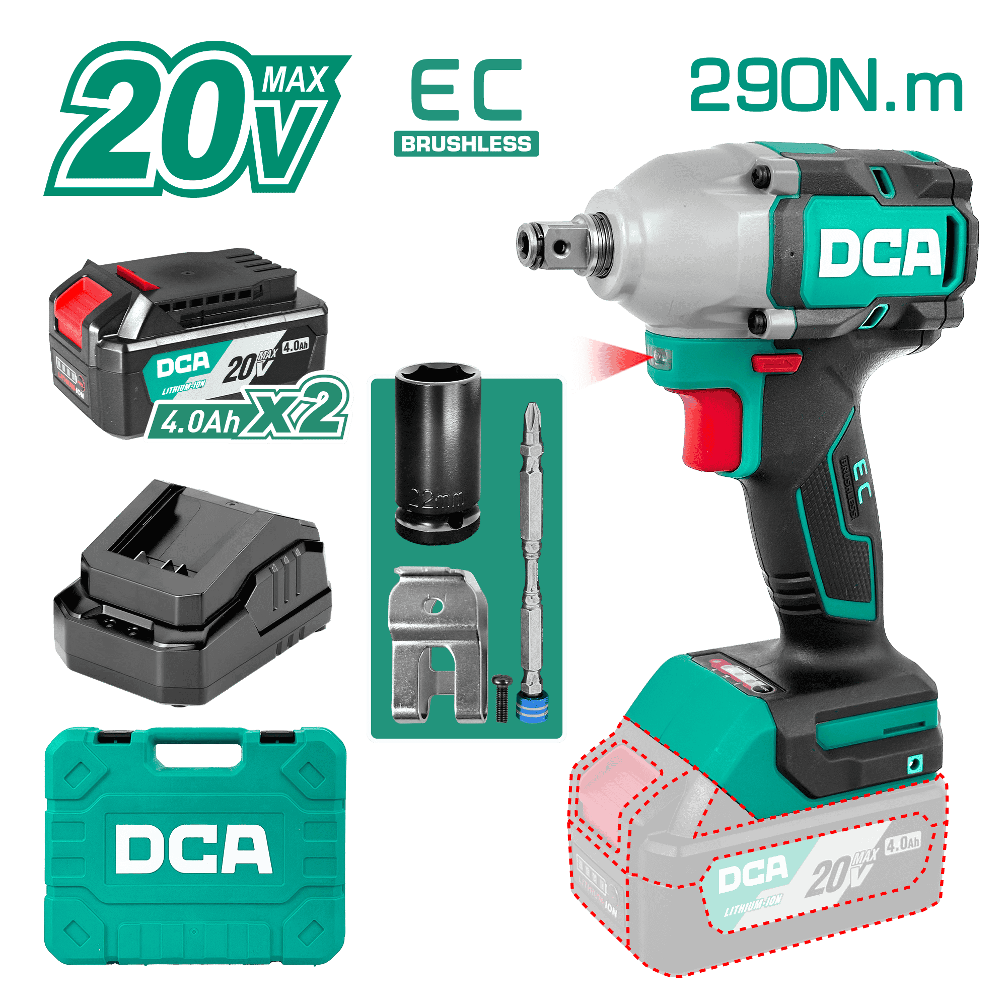 LLAVE DE IMPACTO 20V BRUSHLESS 1/2" 290NM 2X4.0AH MALETIN