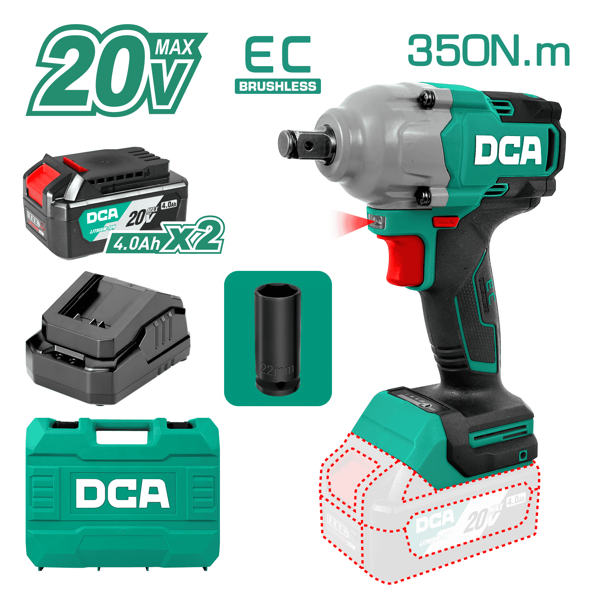 LLAVE DE IMPACTO 20V BRUSHLESS 1/2" 350NM 2X4.0AH MALETIN