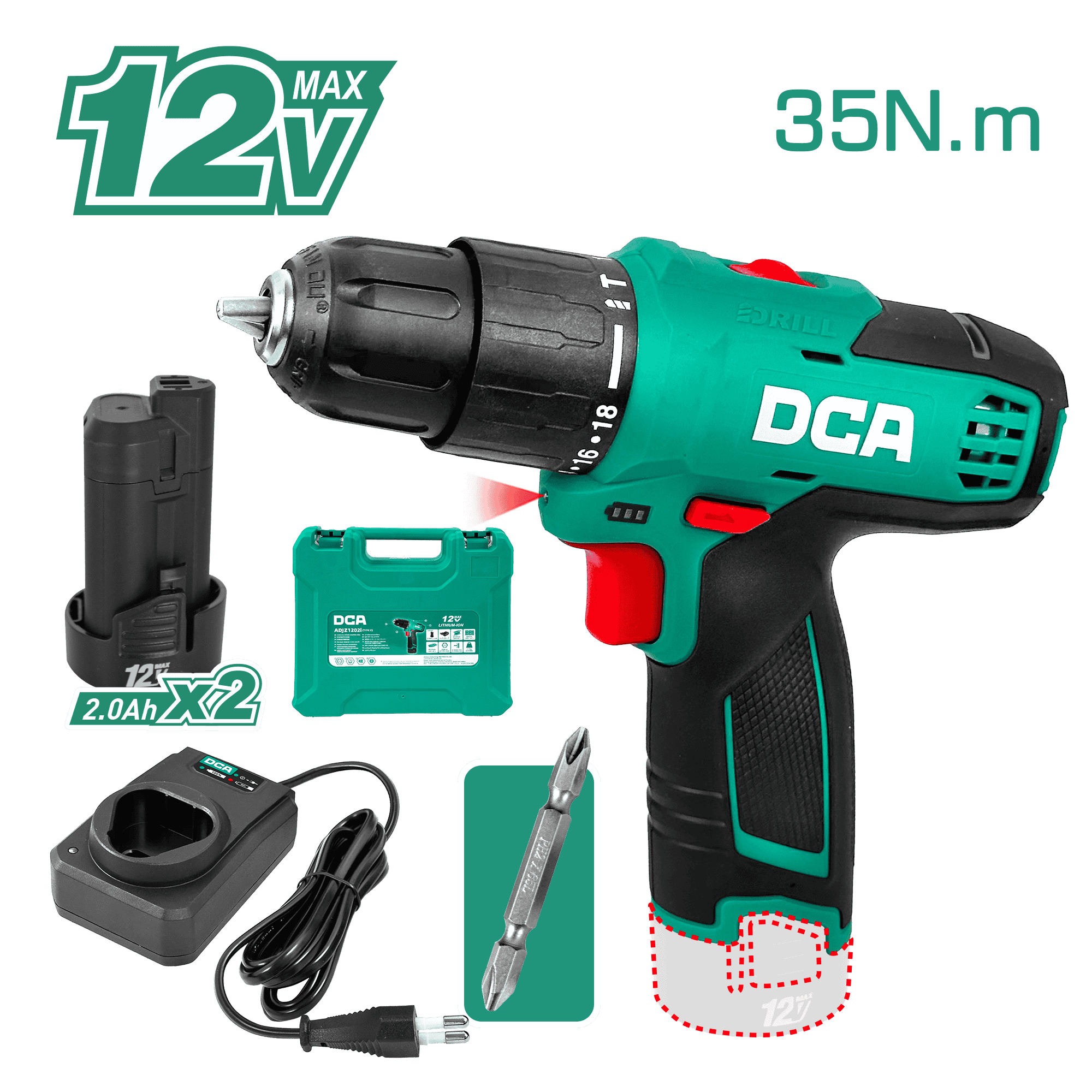 TALADRO PERCUTOR 12V MAX 10MM 35NM (18+2) 2X2.0AH + MALETIN INDUSTRIAL