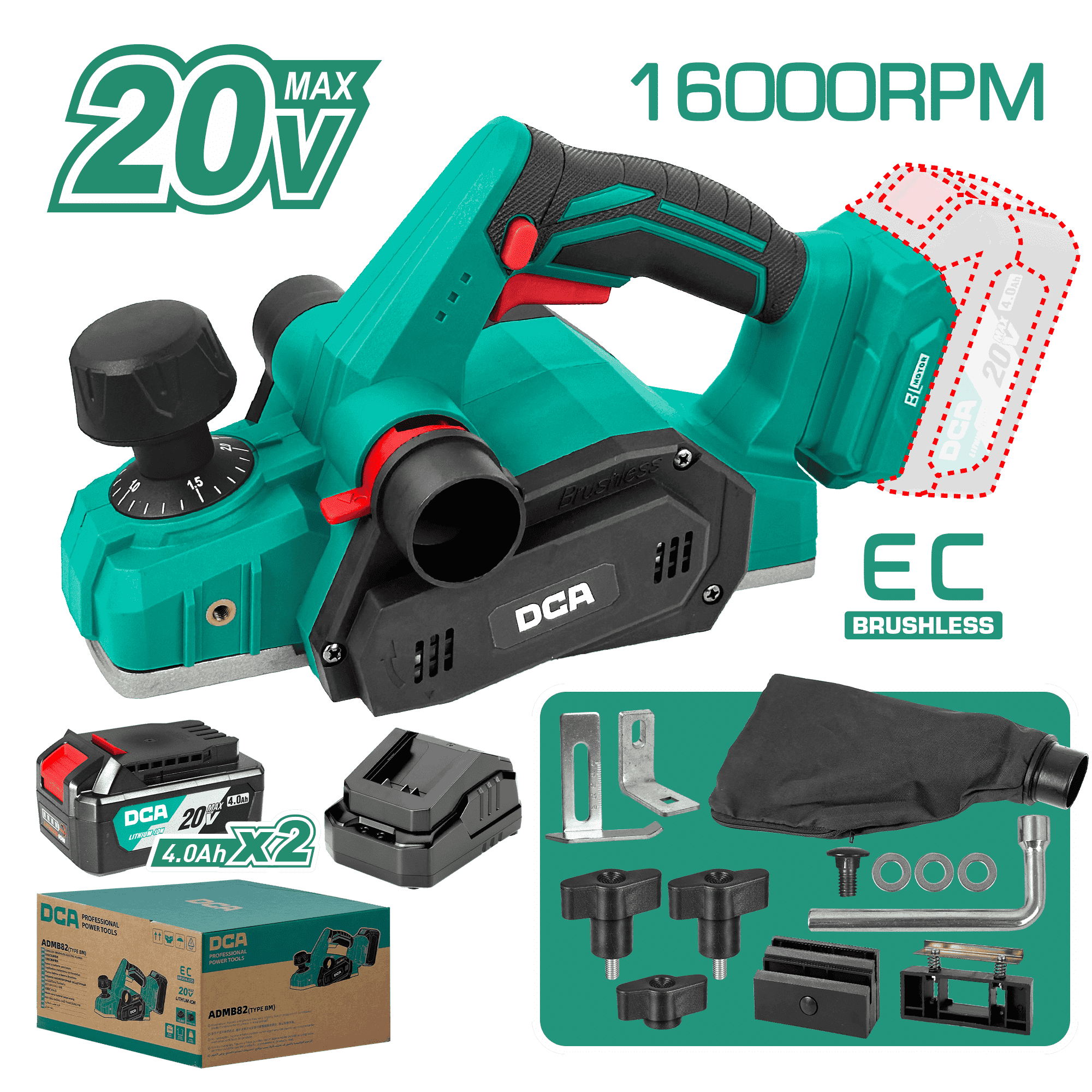 CEPILLO INALAMBRICO 20V 600W 16000RPM 2X4.0AH
