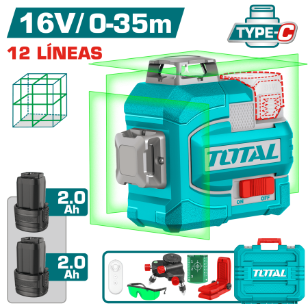 NIVEL LASER 3D 16V USB-C 12LINEAS 0-35M VERDE 2X2.0AH +ACC + MALETIN INDUSTRIAL