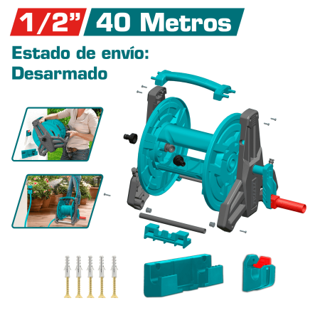 CARRETE SIN MANGUERA CAP: 40M (1/2'') MANGO PLEGABLE