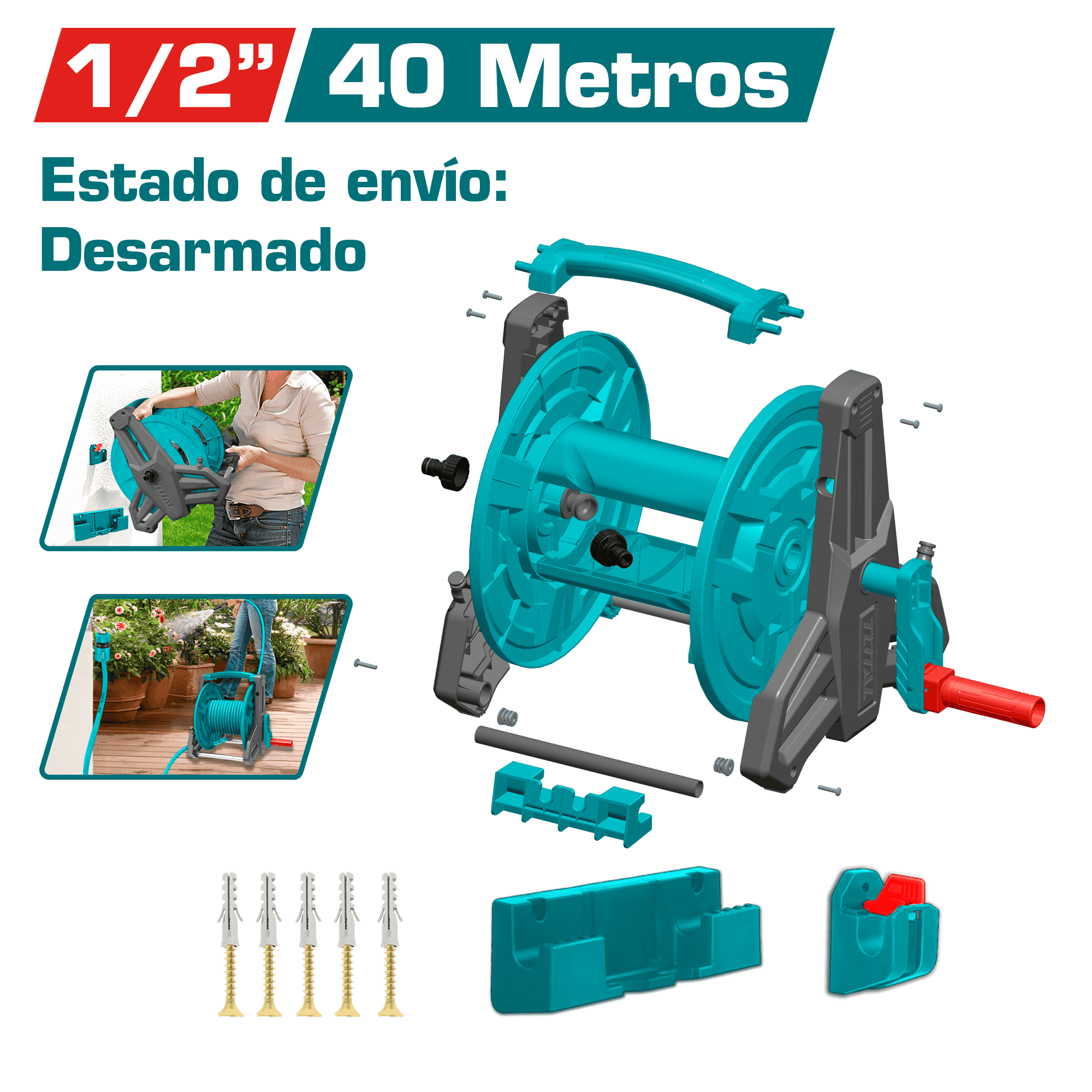 CARRETE SIN MANGUERA CAP: 40M (1/2'') MANGO PLEGABLE