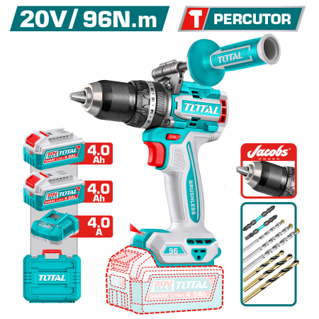 TALADRO PERC 20V 96NM 13MM BL C:JACOBS 2X4.0AH STC +ACC +MALETIN INDUSTRIAL