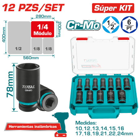 SET DADOS IMPACTO LARGO 1/2'' 10-24MM 12PCS CR-MO MALETIN INDUSTRIAL