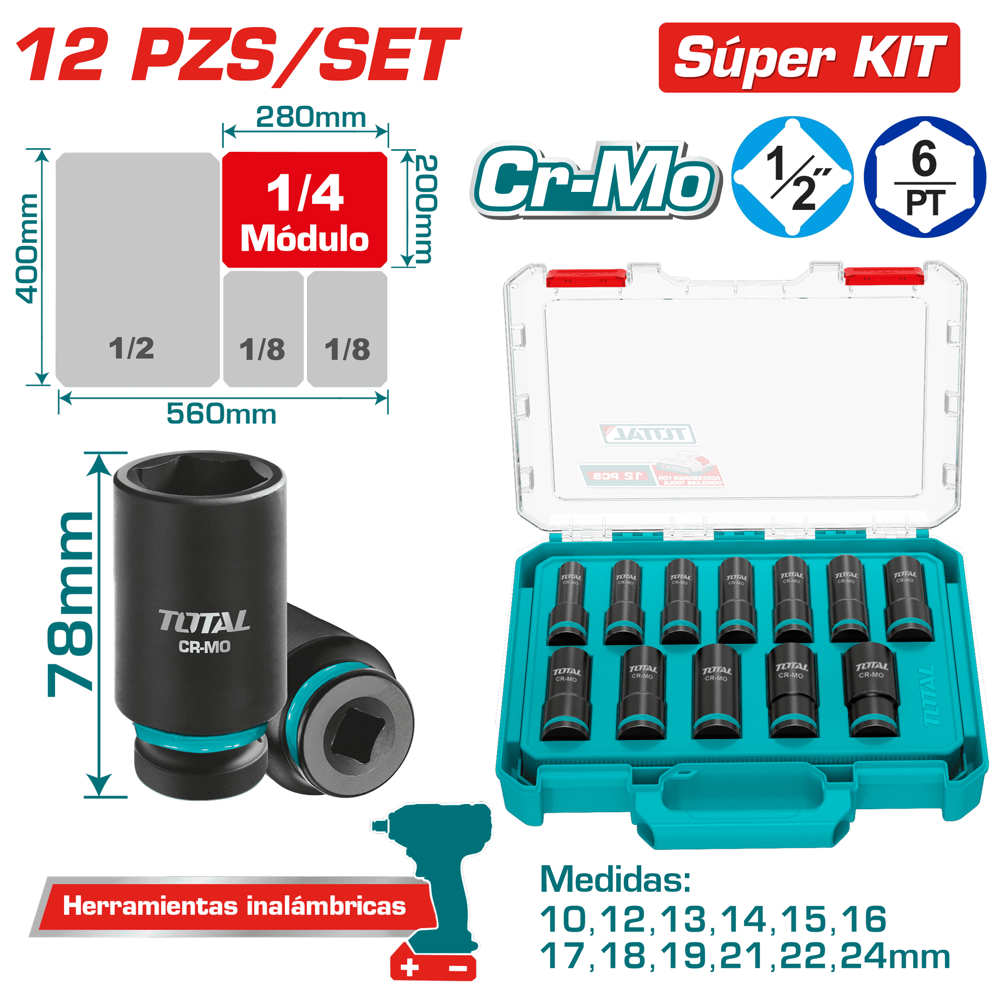 SET DADOS IMPACTO LARGO 1/2'' 10-24MM 12PCS CR-MO MALETIN INDUSTRIAL