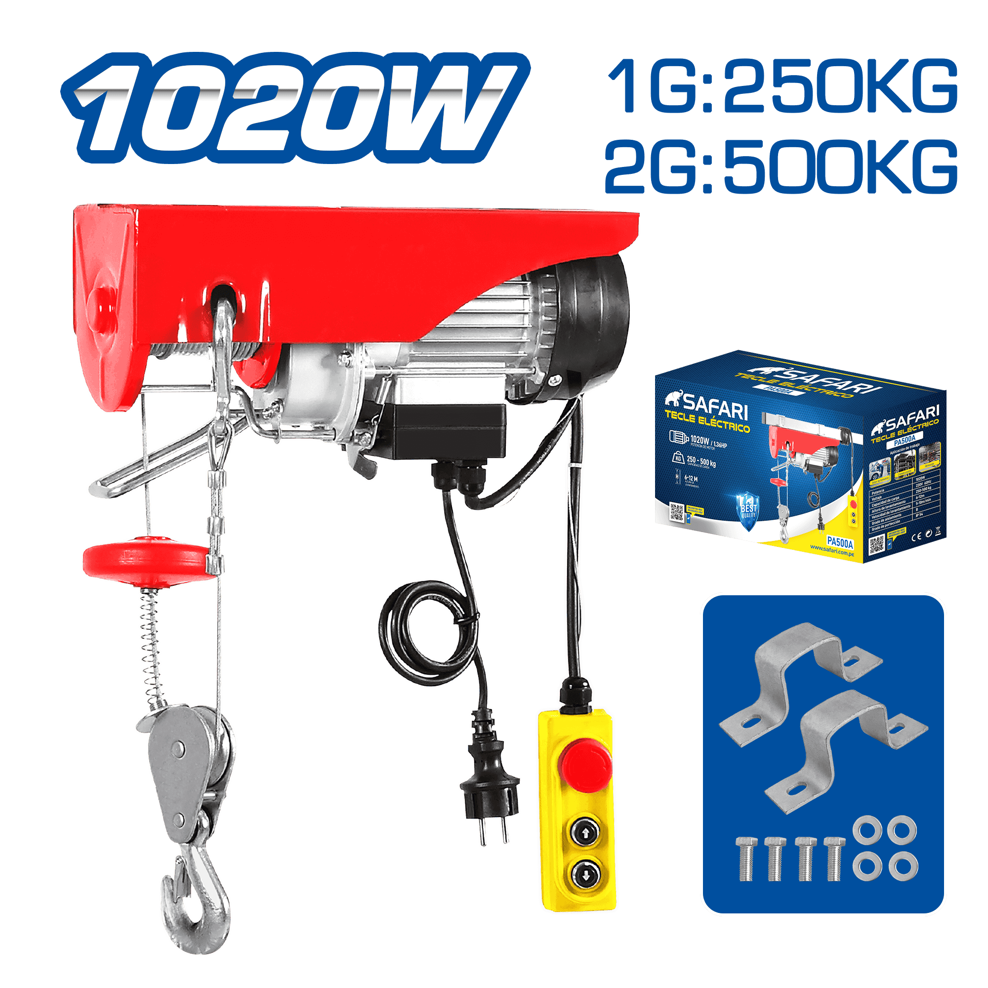 TECLE ELECTRICO 1020W 1G:250KG / 2G:500KG E:6-12M V:5-10M/MIN
