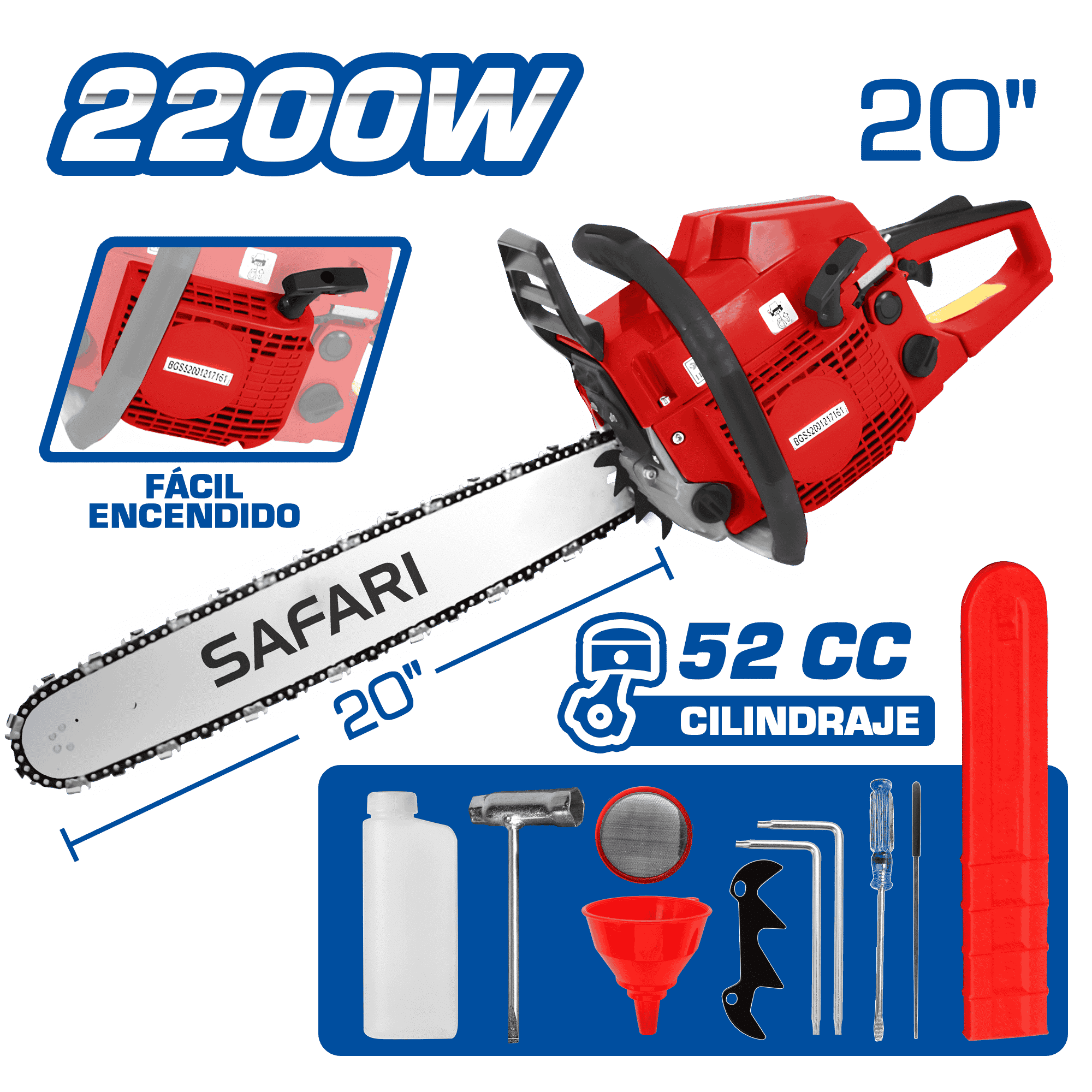 MOTOSIERRA GASOLINERA 52CC 2200W M:2-TIEMPOS ESP: 20'' + ACC