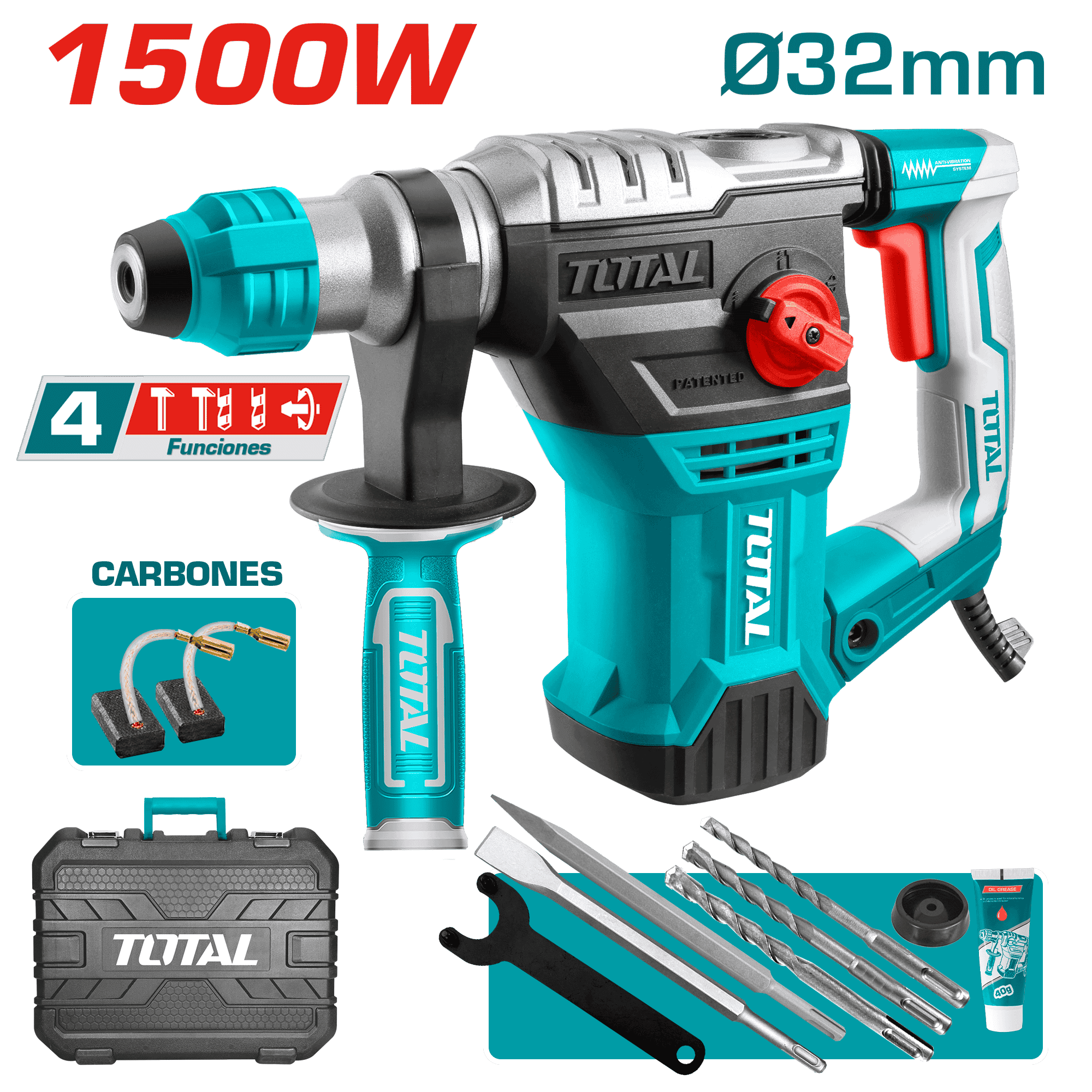 ROTOMARTILLO SDS+ 32MM 1500W 850RPM 4400BPM 5.5J 4FUNC MALETIN INDUSTRIAL