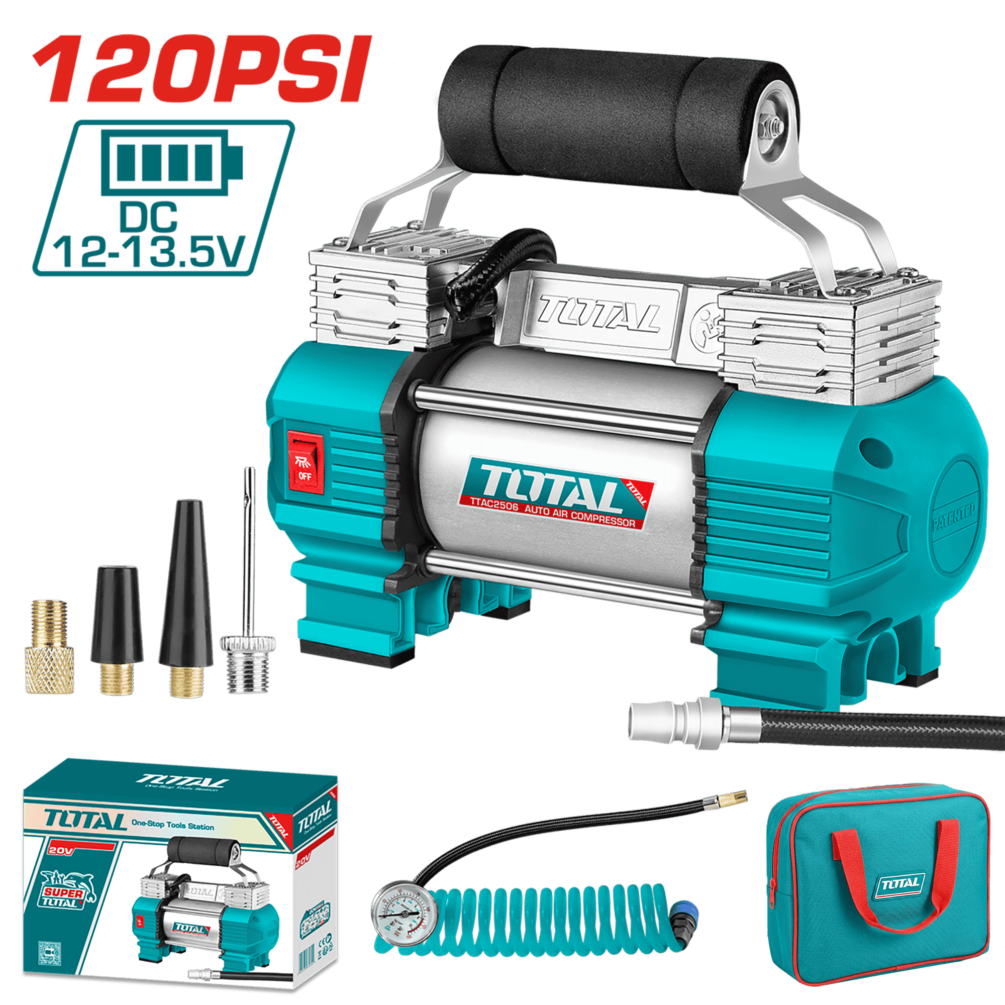 MINICOMPRESORA 12V 18A 120PSI CON LUZ + ACCESORIOS INDUSTRIAL