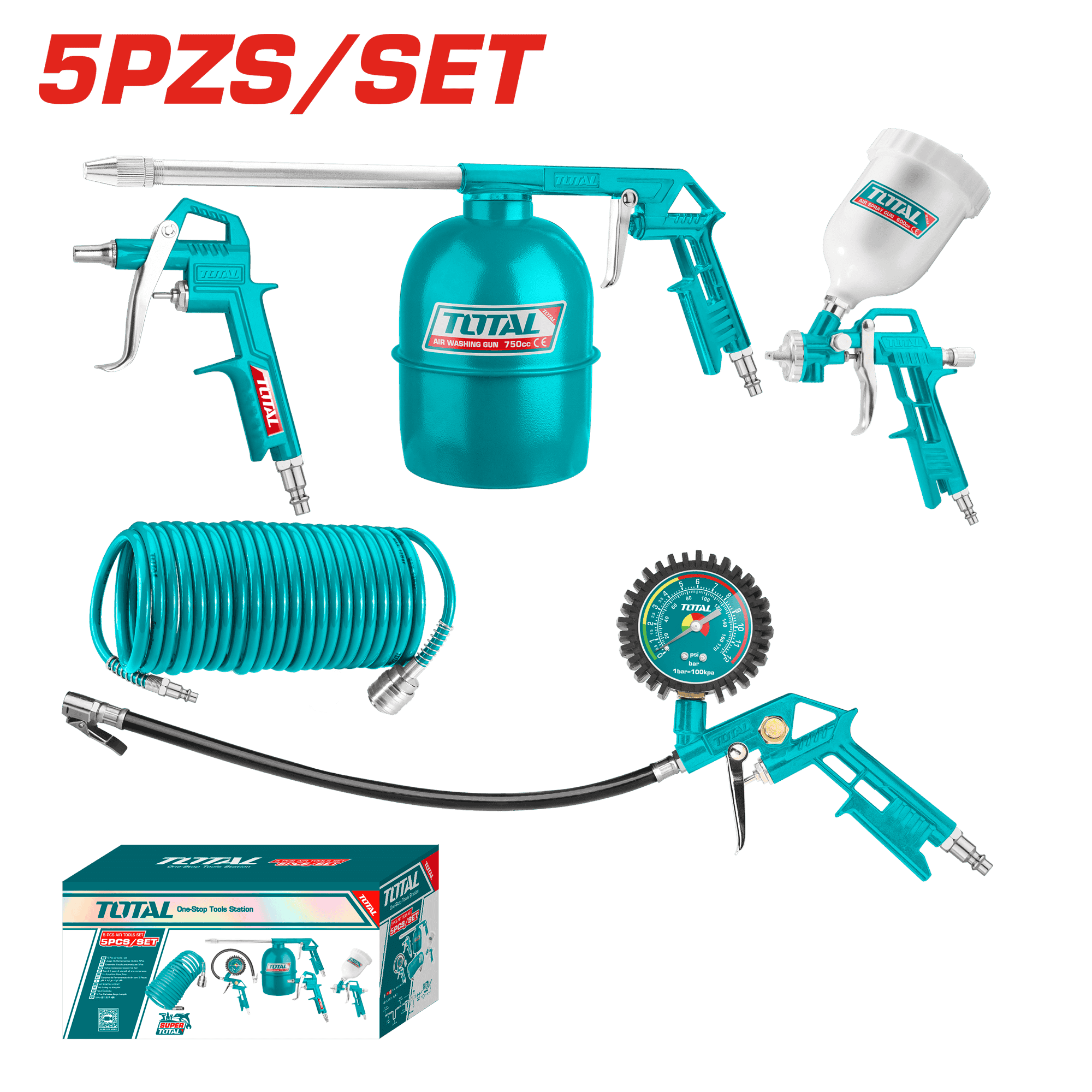 SET PISTOLAS 5PCS AIRE/ROCIADOR/PINTURA/INFLADOR/MANGUERA
