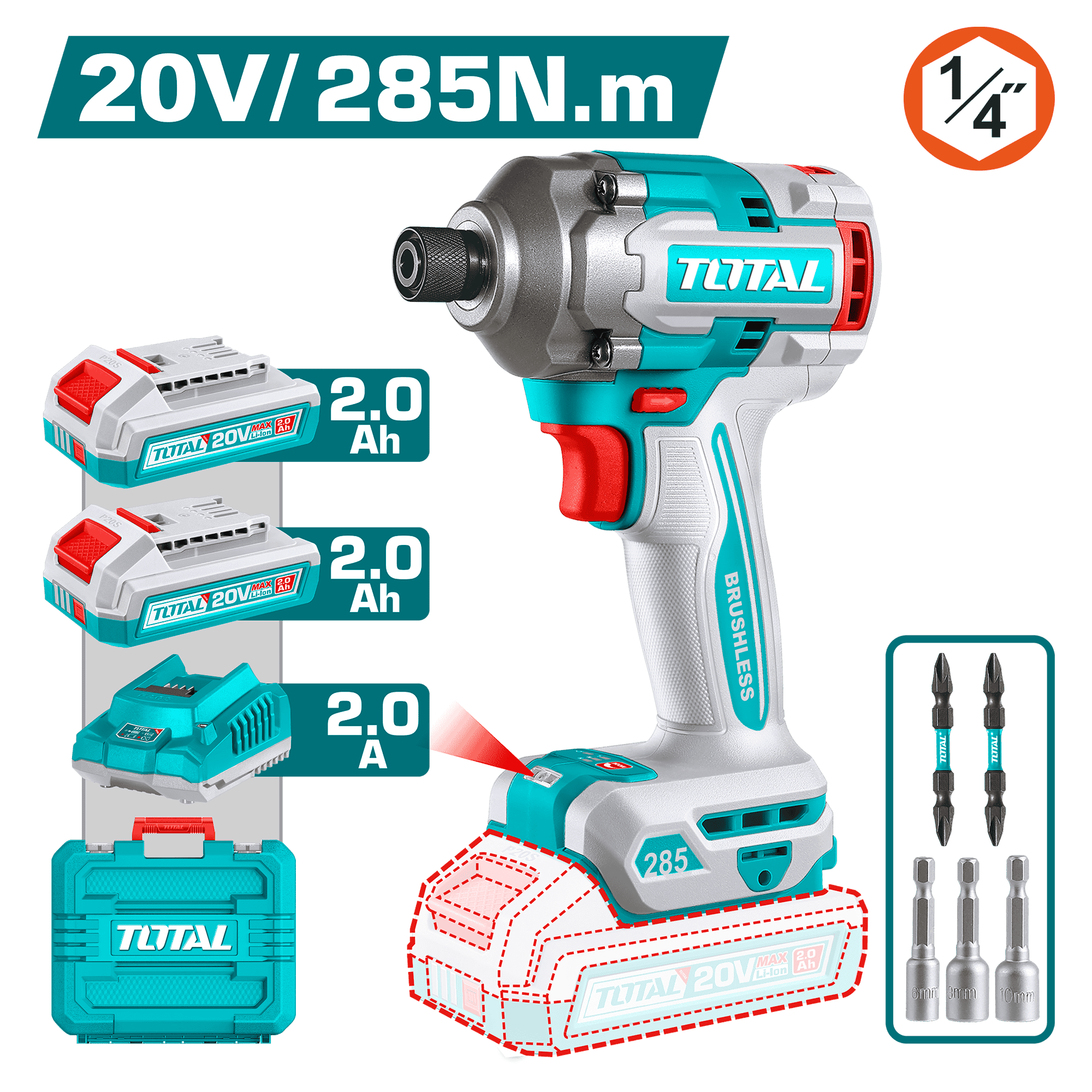 ATORNILLADOR IMPACTO 20V HEX:6.35 285NM 2X2.0AH 0-2900BPM BRUSHLESS MALETIN INDUSTRIAL