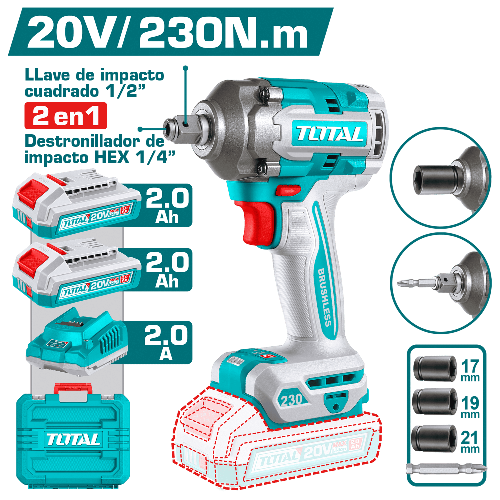 LLAVE/DESTORNILLADOR DE IMPACTO BRUSHLESS 20V 1/2'' 230NM 2X2.0AH MALETIN