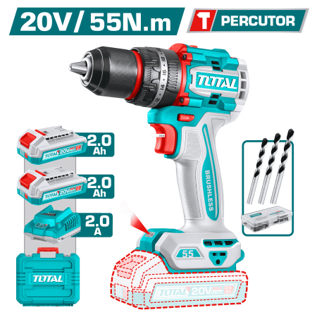 TALADRO PERCUTOR COMPACTO LI-ION 20V 55NM 13MM 2X2.0AH BRUSHLESS MALETIN INDUSTRIAL