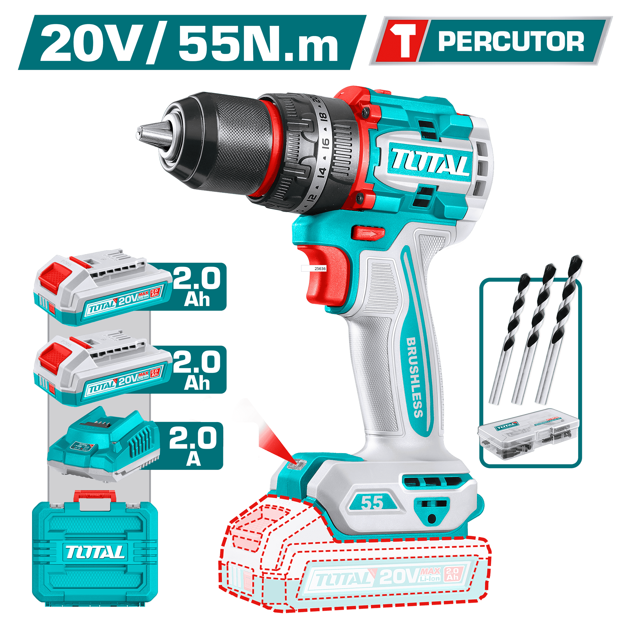 TALADRO PERCUTOR COMPACTO LI-ION 20V 55NM 13MM 2X2.0AH BRUSHLESS MALETIN INDUSTRIAL