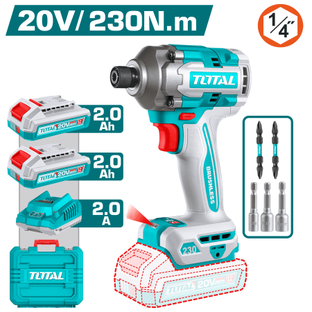 ATORNILLADOR IMPACTO 20V HEX:6.35 230NM 2X2.0AH 0-2900BPM BRUSHLESS MALETIN INDUSTRIAL