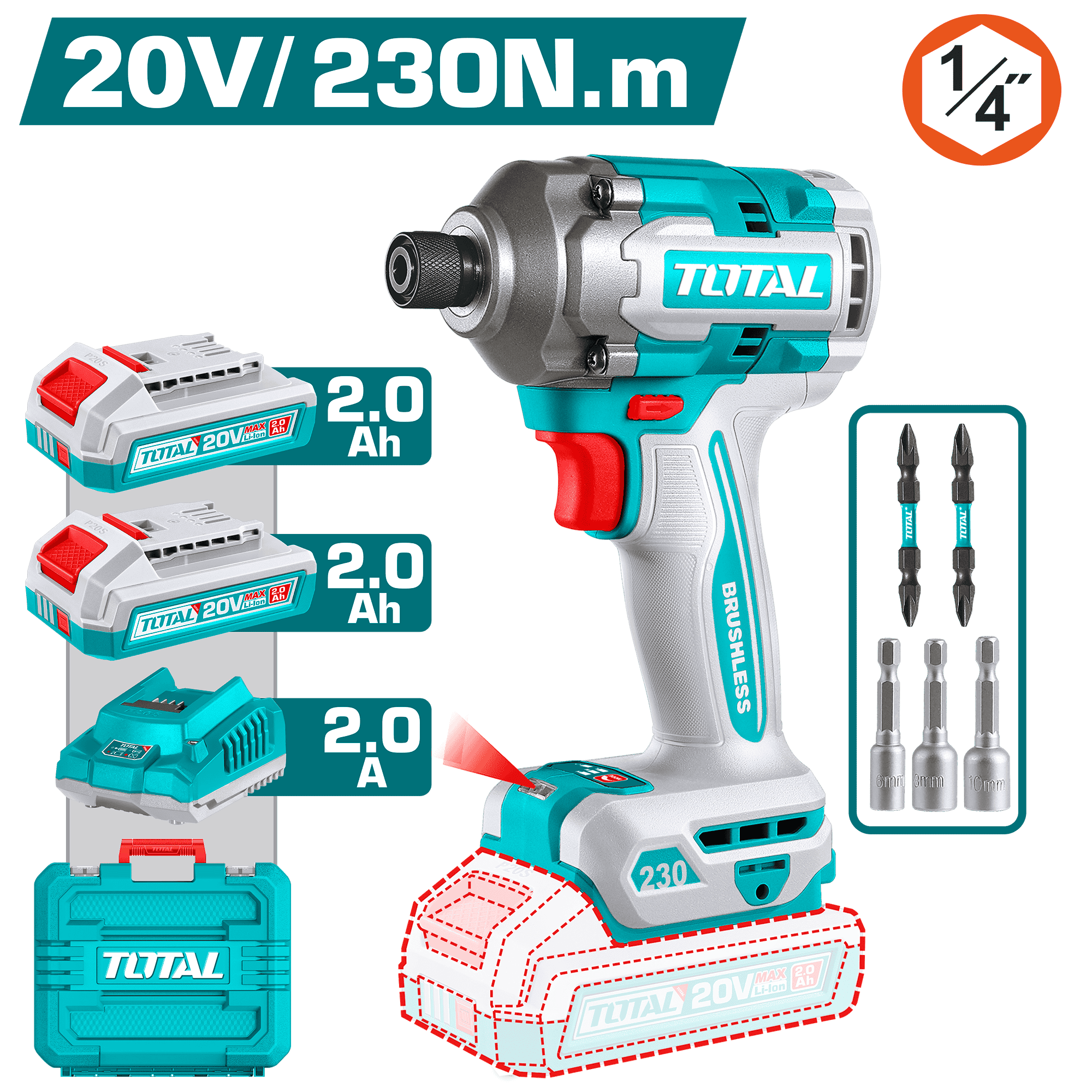 ATORNILLADOR IMPACTO 20V HEX:6.35 230NM 2X2.0AH 0-2900BPM BRUSHLESS MALETIN INDUSTRIAL