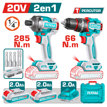 COMBO TALADRO PERCUTOR 66 N.M + ATORNILLADOR IMPACTO 285N.M 20V + ACC 2X2.0AH MALETIN INDUSTRIAL