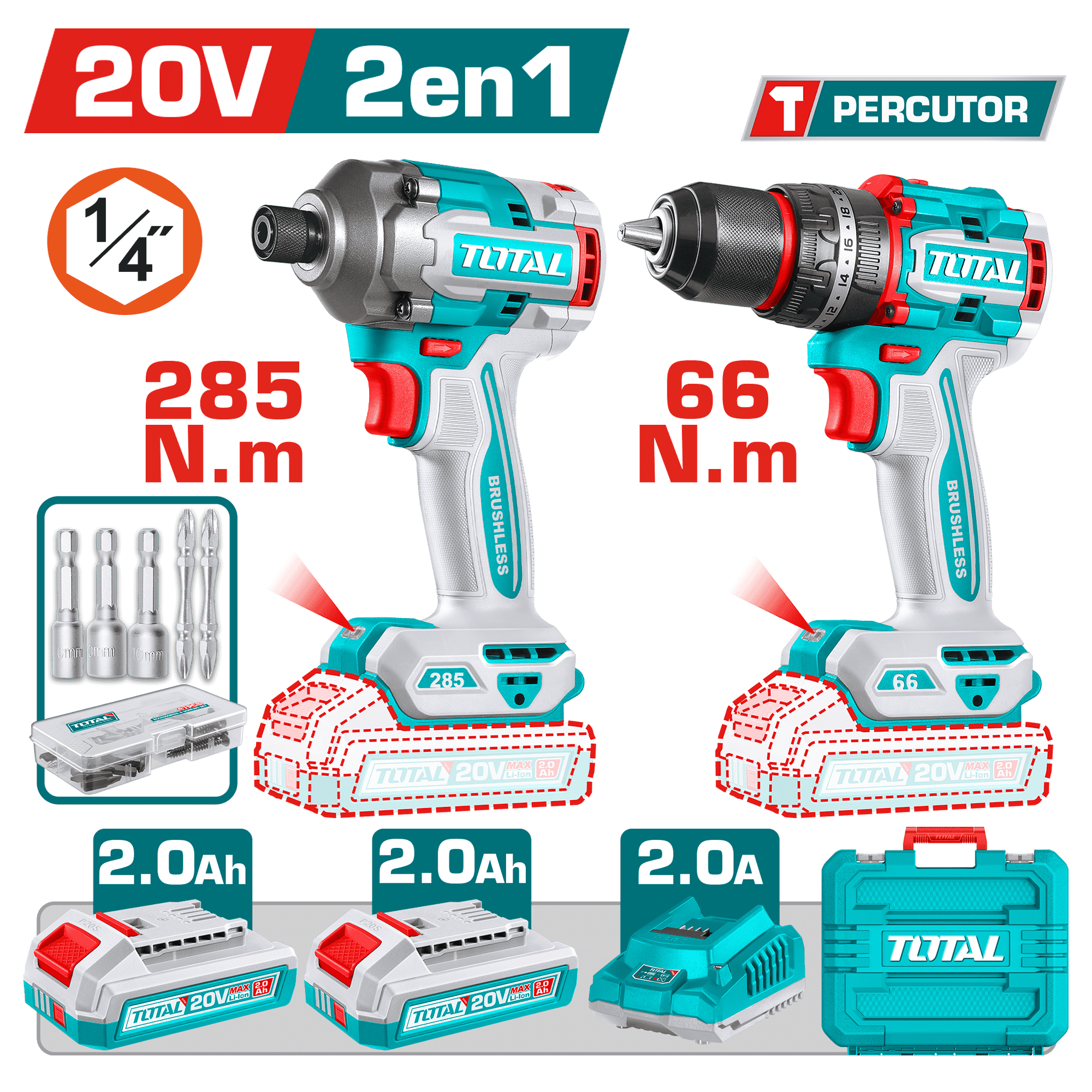 COMBO TALADRO PERCUTOR 66 N.M + ATORNILLADOR IMPACTO 285N.M 20V + ACC 2X2.0AH MALETIN INDUSTRIAL