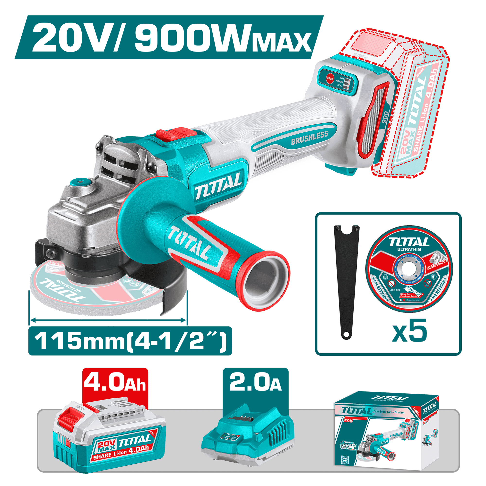 AMOLADORA 20V BRUSHLESS 3000-9000RPM 115MM M14 900W 1X4.0AH DISCO X5 INDUSTRIAL