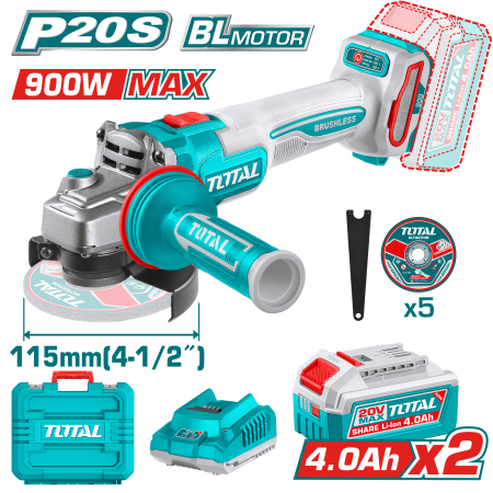 AMOLADORA 20V BRUSHLESS 3000-9000RPM 115MM M14 900W 2X4.0AH DISCO X5 INDUSTRIAL