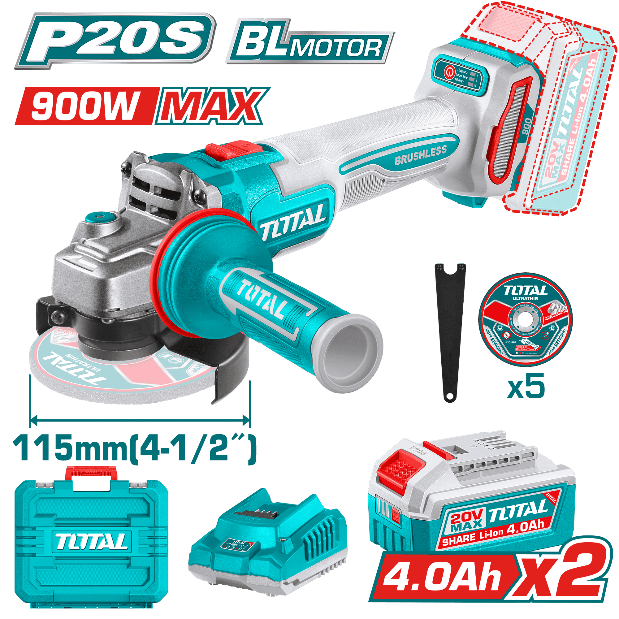 AMOLADORA 20V BRUSHLESS 3000-9000RPM 115MM M14 900W 2X4.0AH DISCO X5 INDUSTRIAL