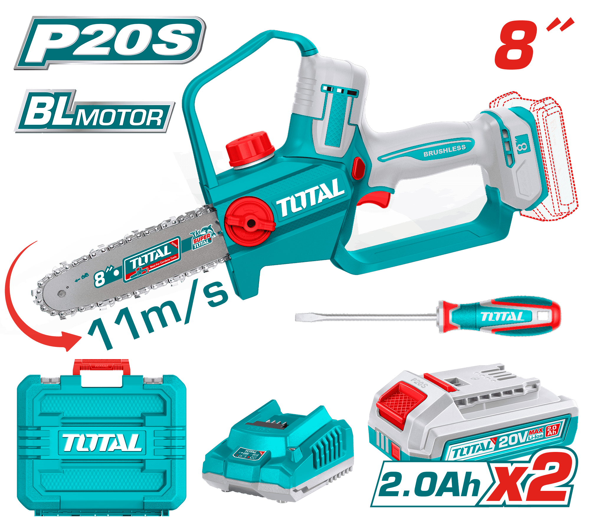 SIERRA DE CADENA LI-ION 20V 8'' 20CM 11M/S 2X2.0AH + ACC INDUSTRIAL