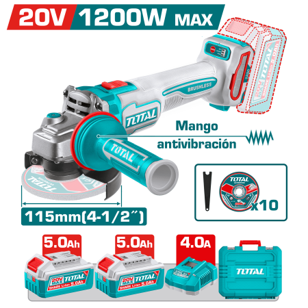 AMOLADORA 20V BL 3000-9000RPM 115MM M14 1200W ANTI-VIBRACION 2X5.0AH +ACC INDUSTRIAL