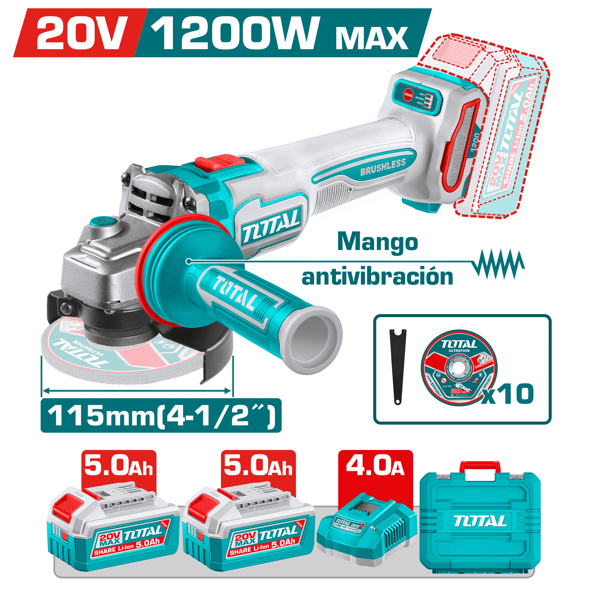 AMOLADORA 20V BL 3000-9000RPM 115MM M14 1200W ANTI-VIBRACION 2X5.0AH +ACC INDUSTRIAL