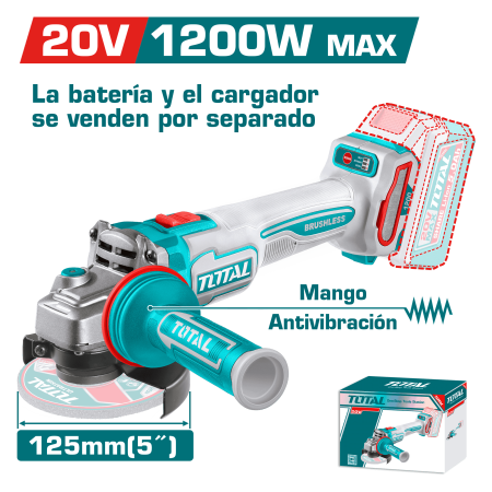 AMOLADORA 20V BL 300-9000RPM 125MM M14 1200W ANTI-VIBRACION INDUSTRIAL