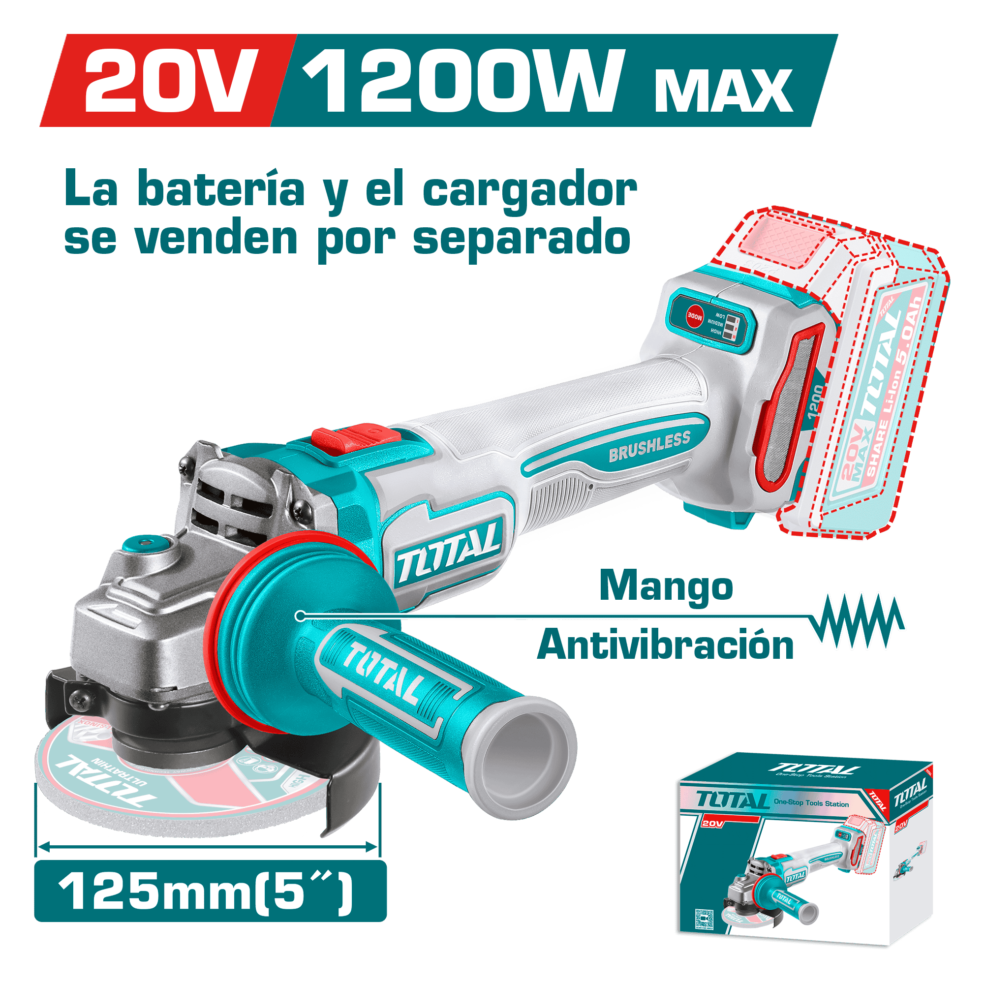 AMOLADORA 20V BL 300-9000RPM 125MM M14 1200W ANTI-VIBRACION INDUSTRIAL