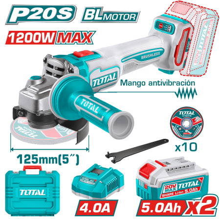 AMOLADORA 20V BL 3000-9000RPM 125MM M14 1200W ANTI-VIBRACION 2X5.0AH +ACC INDUSTRIAL