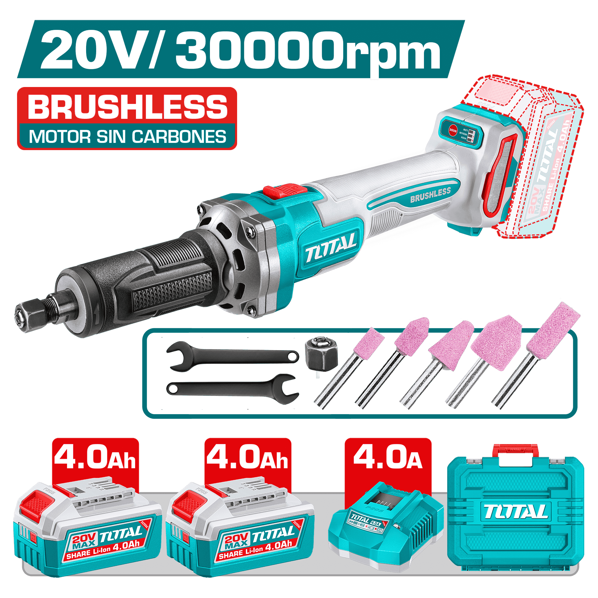 RECTIFICADORA 20V BL 10000-30000RPM COL: 6MM 2X4.0AH + ACC / MALETIN INDUSTRIAL